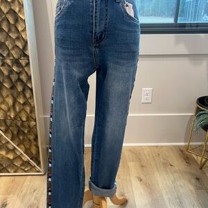 Coco + Carmen Straight Leg Blue Jeans with Patterned Side